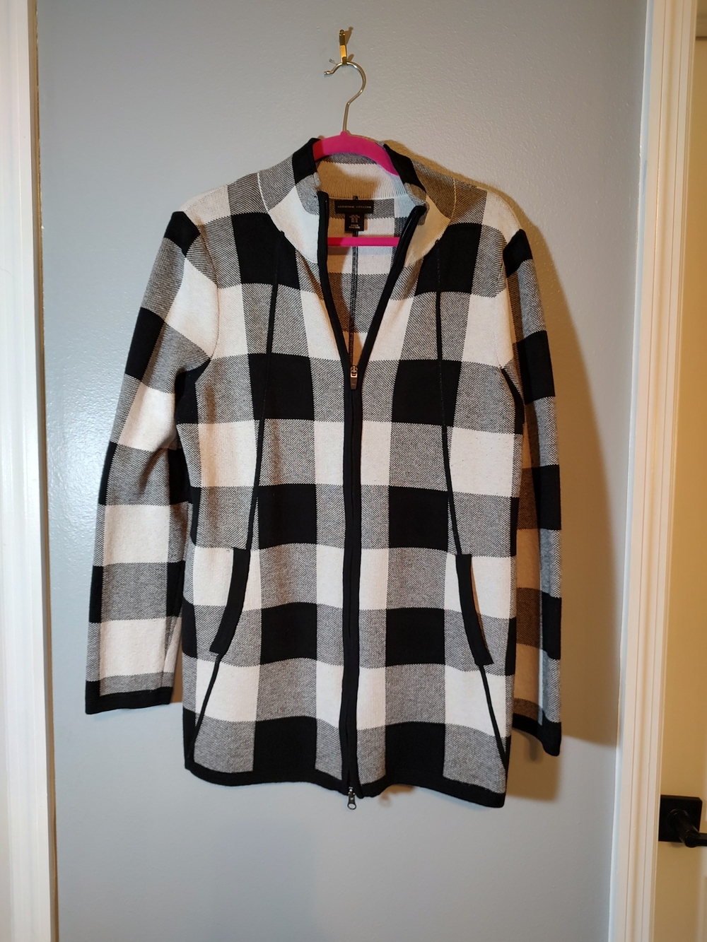 Black and White Check Zip-Front Women's Sweater